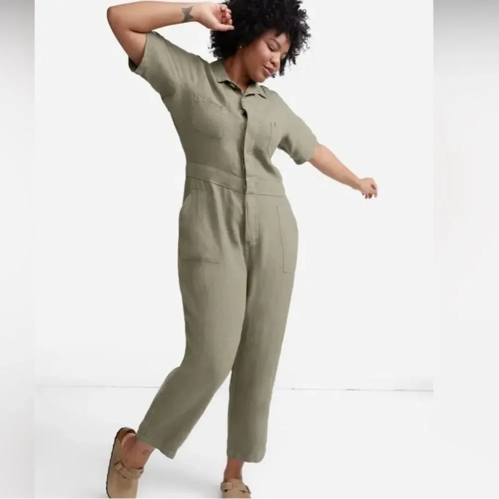 MATE the LABEL Oversized Linen Utility Jumpsuit Short Sleeve Olive Green